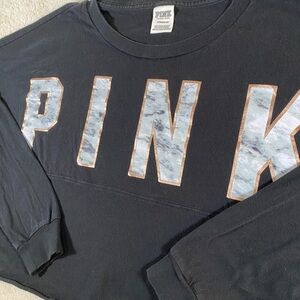 Victoria’s Secret PINK Black Long Sleeve Cropped Tee Metallic Y2K S Off Shoulder